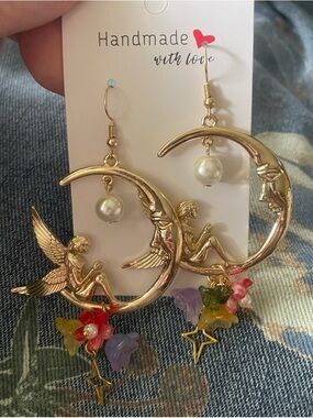 ‘Fairy Moon Garden’ Earrings with Pearl and Multicolor Flower Charms
